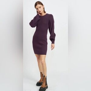 NWT JacquieTheLabel Eliana Mini Dress Deep Puple Long Sleeves Ribbed, Large